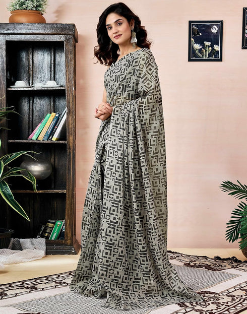 Vasthrlay Chanderi Printed Unstitched Off White Saree