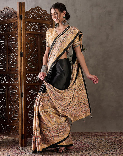 Vasthrlay Printed Tassels Black | Dark Beige Saree With Unstitched Blouse Piece