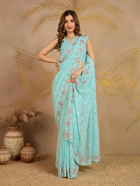 Vasthrlay Georgette Embroidery Unstitched Darkpink Ethnic Wear