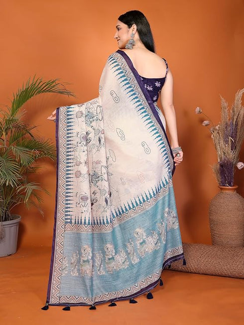 Vasthrlay Cream Floral Printed Design Linen Saree With Solid Unstitched Linen Blouse Piece