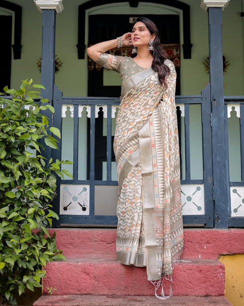 Vasthrlay Handwoven Printed Tasselled Saree