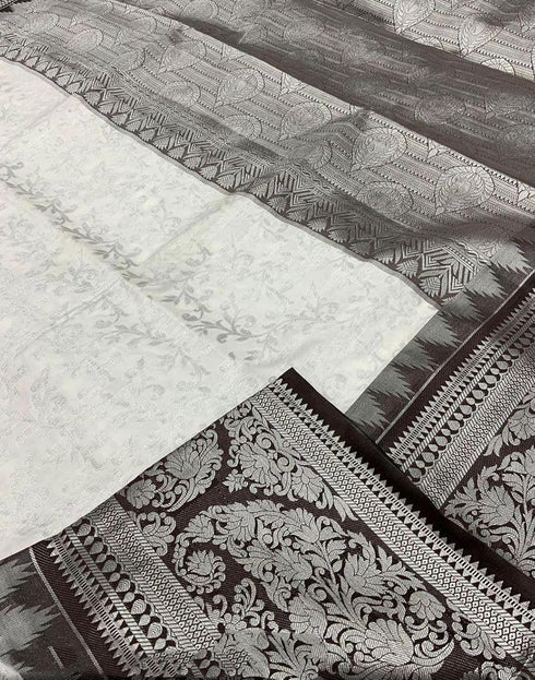 Vasthrlay Kanjivaram Banarasi Wedding White And Black Saree With Unstitched Blouse Piece