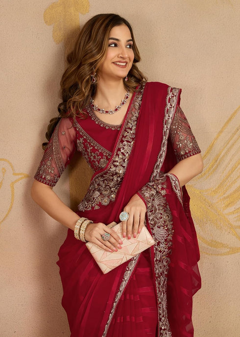 Vasthrlay Chiffon Embroidery Red Ethnic Wear