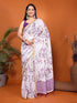 Vasthrlay Womens Purple Kathakali Print Linen Saree With Gold Zari Border And Unstitched Blouse Piece