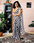 Vasthrlay Printed Chanderi White And Black Saree With Yellow Unstitched Blouse Piece