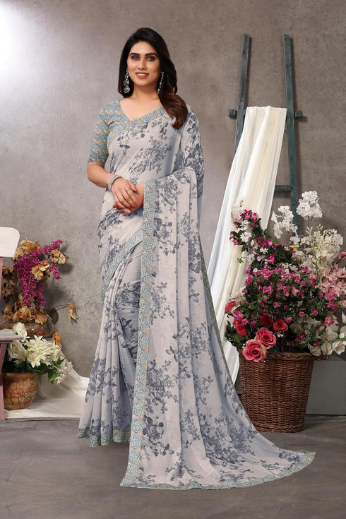 Vasthrlay Fashion Chiffon Printed Grey Ethnic Wear