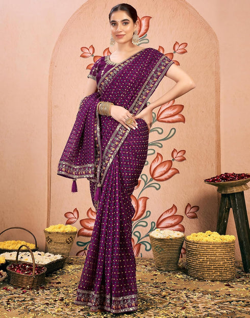 Vasthrlay Bandhani Embroidery Dark Purple And Golden Border Saree With Unstitched Blouse Piece