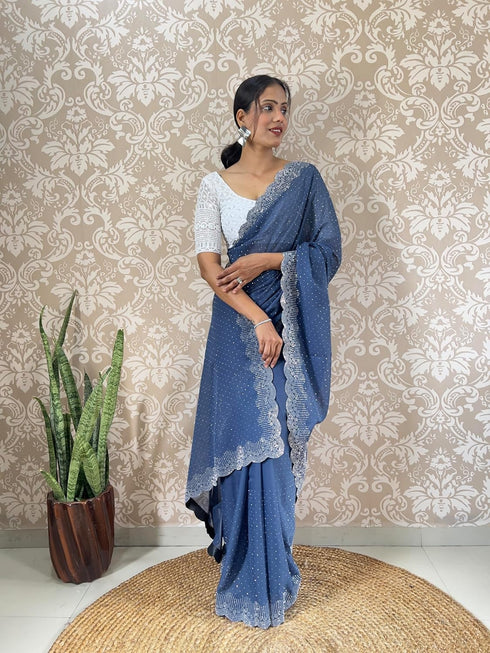 Vasthrlay Georgette Embellishments Scalloped Traditional
