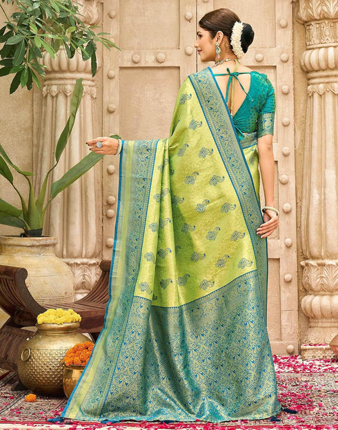 Vasthrlay Womens Banarasi Parrot Green Saree With Unstitched Blouse Piece