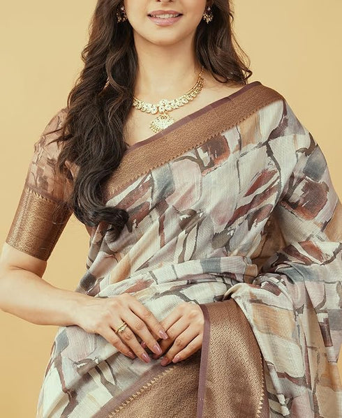 Vasthrlay Cream Brown Geometric Print Polyester Saree With Dull Gold Zari Border And Unstitched Blouse Piece