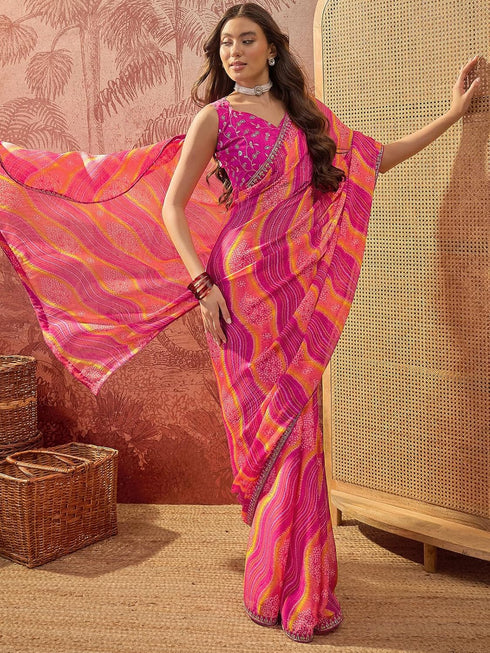 Vasthrlay Chiffon Bandhani Unstitched Purple Saree