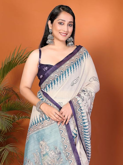 Vasthrlay Cream Floral Printed Design Linen Saree With Solid Unstitched Linen Blouse Piece