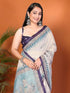 Vasthrlay Cream Floral Printed Design Linen Saree With Solid Unstitched Linen Blouse Piece