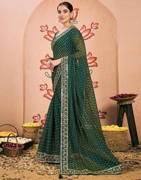 Vasthrlay Bandhani Embroidery Unstitched Rama Green Saree