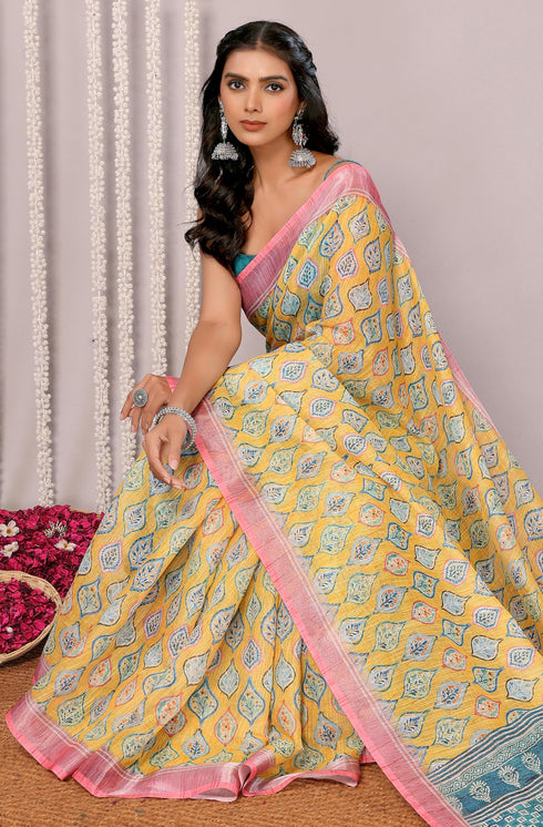 Vasthrlay Yellow Cotton Printed Saree