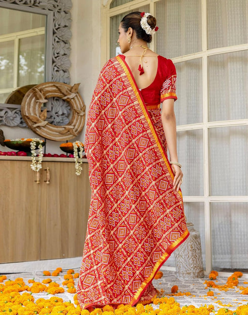 Vasthrlay Bandhani Printed Unstitched Red Saree