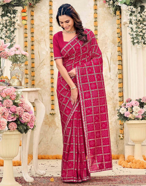 Vasthrlay Vichitra Bandhani Unstitched Pink Saree