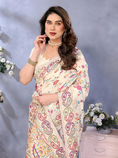 Vasthrlay Cream Kanjivaram Unstitched Saree