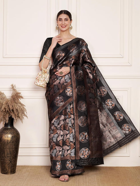 Vasthrlay Kanjeevaram Silk Unstitched Black Free Ethnic Wear