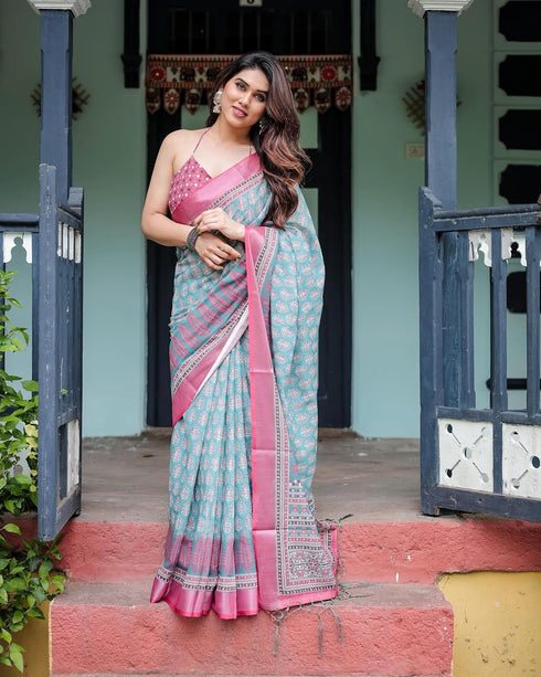 Vasthrlay Turquoise Floral Embroidered Saree