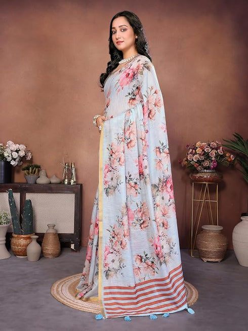 Vasthrlay Blue Linen Floral | Striped | Check Design Printed Saree With Solid Unstitched Linen Blouse Piece