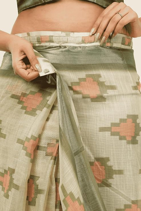 Vasthrlay Green Multi Print Design Linen Ready To Wear Saree