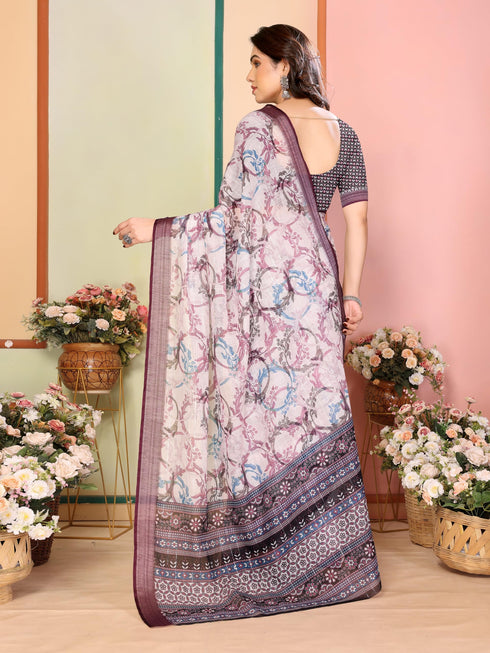 Vasthrlay Brown Printed Unstitched Saree