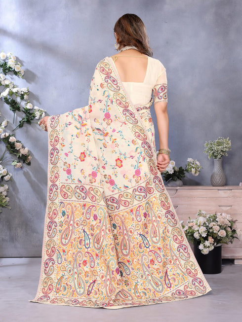 Vasthrlay Cream Kanjivaram Unstitched Saree