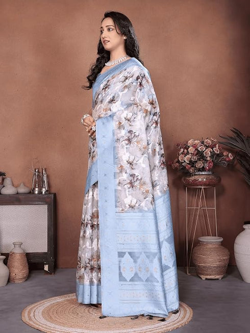 Vasthrlay White Floral Semi Sheer Chanderi Saree With Champagne Gold Zari Pallu And Unstitched Blouse Piece