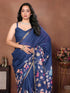 Vasthrlay Blue Womens Kathakali Print Linen Saree With Gold Zari Border And Unstitched Blouse Piece
