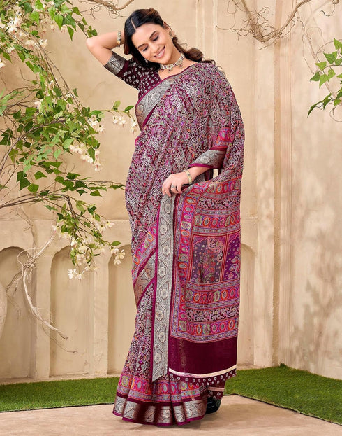 Vasthrlay Georgette Printed Wine Saree With Unstitched Blouse Piece