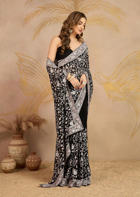 Vasthrlay Georgette Embroidery Unstitched Black Ethnic Wear