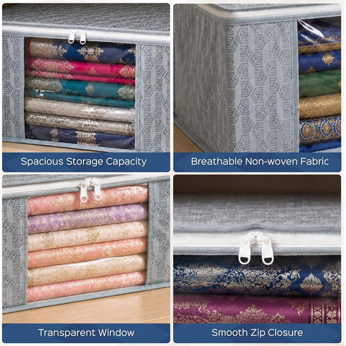 Homestrap Set of 6 Non-Woven Printed Saree Cover/Cloth Storage Organizer for Clothes with Transparent Window (Grey)