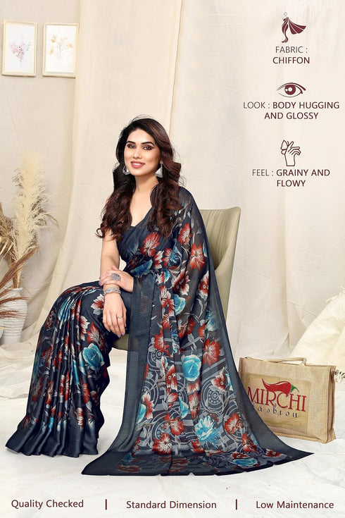 Vasthrlay Fashion Chiffon Printed Navy Ethnic Wear