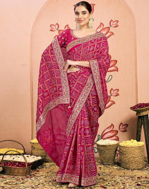 Vasthrlay Georgette Embroidery Rani Pink Saree With Unstitched Blouse Piece
