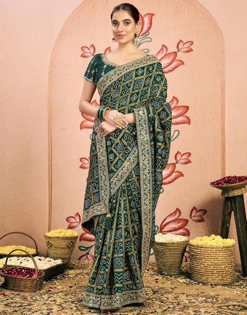 Vasthrlay Georgette Embroidery Unstitched Dark Green Saree