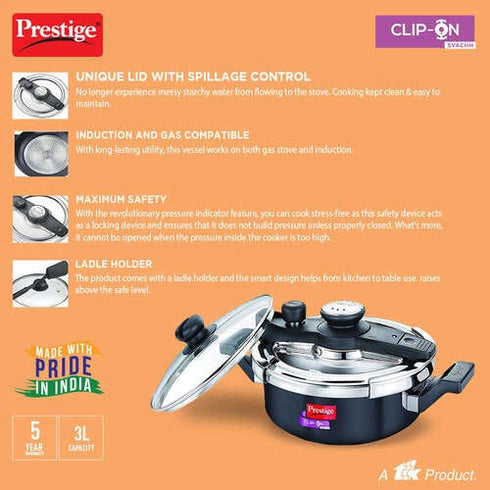 Prestige Clip-on Svachh Hard Anodised Spillage Control Pressure Cooker 5 L
