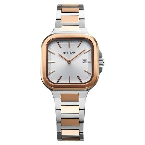 Titan Slim Square Quartz Analog with Date Silver Dial With Two Toned Color Strap Watch