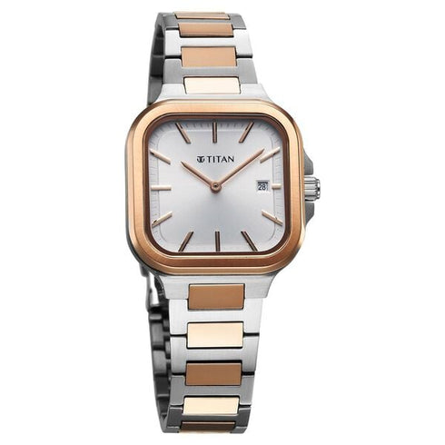 Titan Slim Square Quartz Analog with Date Silver Dial With Two Toned Color Strap Watch
