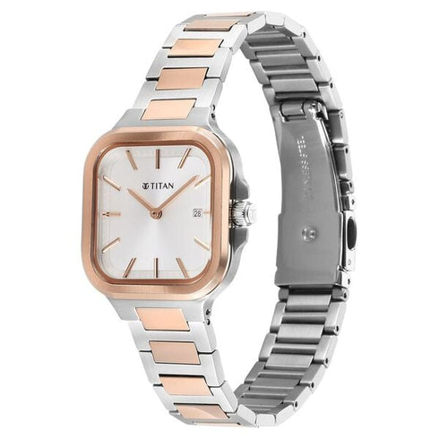 Titan Slim Square Quartz Analog with Date Silver Dial With Two Toned Color Strap Watch