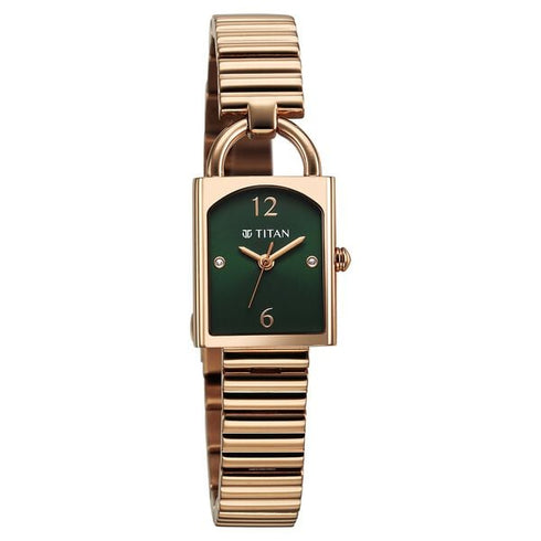 Titan Metro Quartz Analog Green Dial Stainless Steel Strap Watch For Women