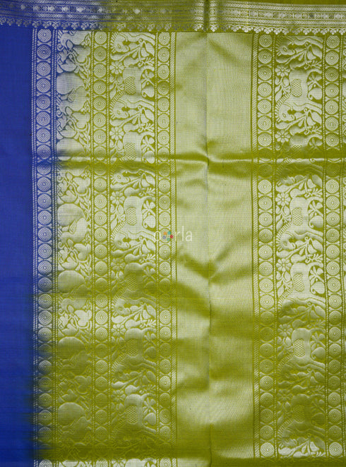 Prakruthi Mughizh Royal Blue & Tea Green Kanchi Border Handloom Soft Silk Saree