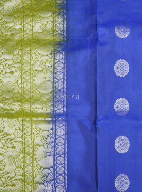 Prakruthi Mughizh Royal Blue & Tea Green Kanchi Border Handloom Soft Silk Saree