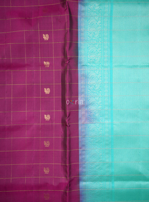 Prakruthi Mughizh Rich Mulberry & Blue Checks Bhutta Handloom Soft Silk Saree