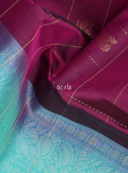 Prakruthi Mughizh Rich Mulberry & Blue Checks Bhutta Handloom Soft Silk Saree