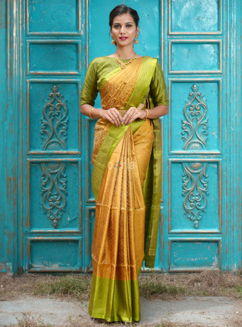 Prakruthi Vivaha Golden Sunset With Light Green Bridal Handloom Soft Silk Saree