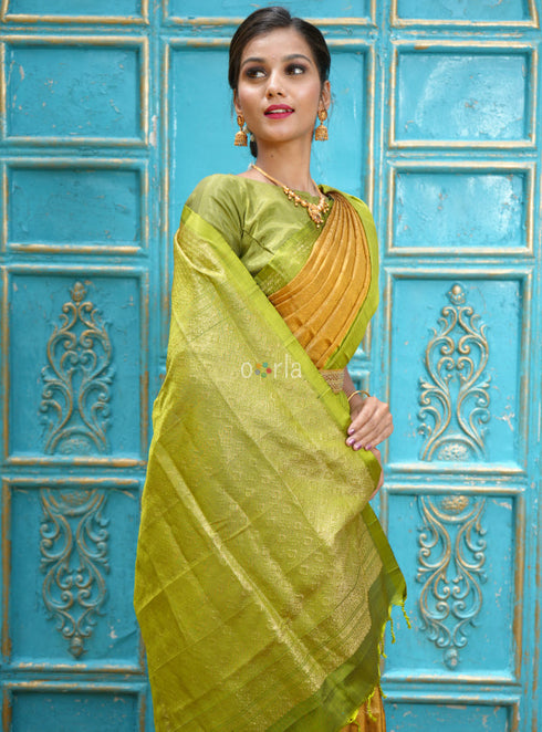 Prakruthi Vivaha Golden Sunset With Light Green Bridal Handloom Soft Silk Saree