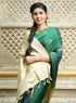 Prakruthi Mughizh Forest Green With Cream Half Fine Jari Fancy Borders Handloom Soft Silk Saree