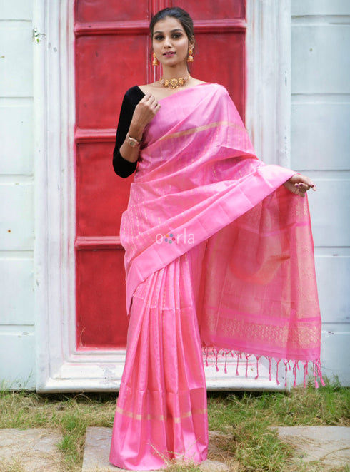 Prakruthi Swarnam Baby Pink Fancy Handloom Soft Silk Saree