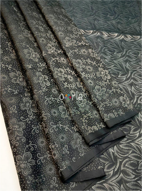 Prakruthi Swarnam Black Swan Pure Silver Zari with Sleeve Work Handloom Soft Silk Saree